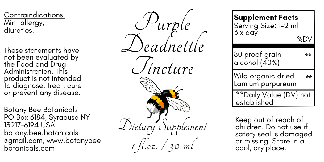 Label for Purple Deadnettle Tincture dietary supplement with botanical bee illustration and text.