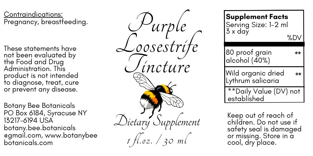 Label for Purple Loosestrife Tincture dietary supplement with botanical bee illustration.