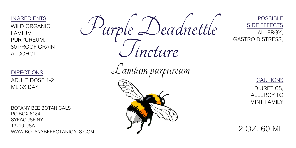 Label for Purple Deadnettle Tincture with a bee illustration and text details.