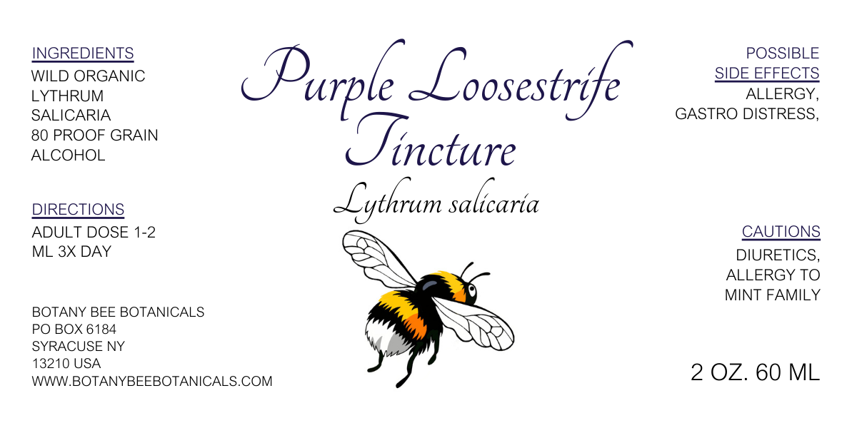 Label for Purple Loosestrife Tincture with a bee illustration and text details.