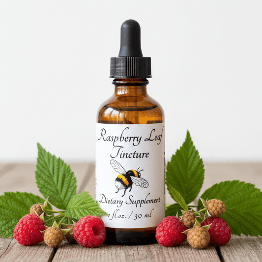 Label for Raspberry Leaf Tincture dietary supplement with botanical bee illustration and text.