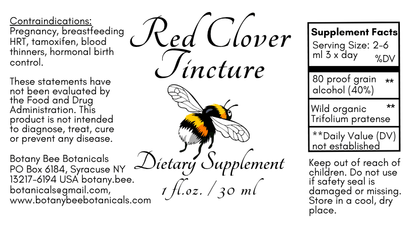 Dietary supplement label for Red Clover Tincture with botanical bee illustration and text.