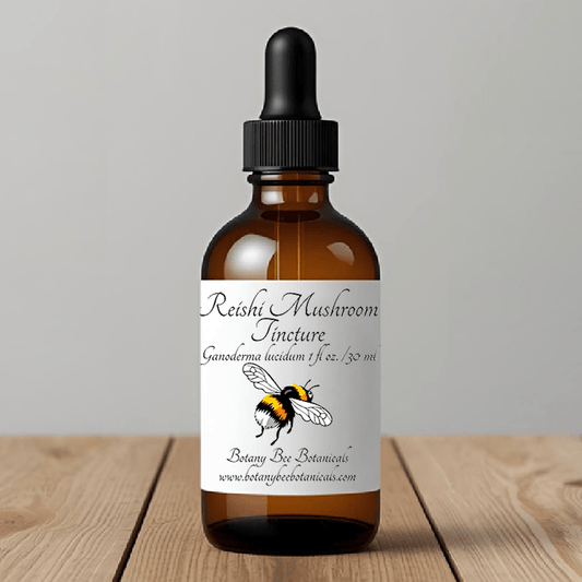 An amber glass dropper bottle of Reishi Mushroom Lincture with a white label and black cap, set on a wooden surface against a neutral gray background.