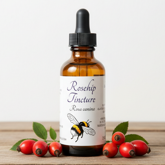 Label for Rosehip Tincture with a bee illustration on a white background