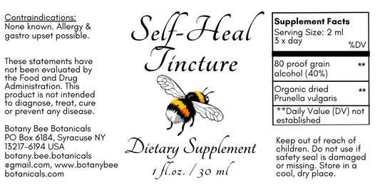 A square product label for 'Self-Heal Tincture' by Botany Bee Botanicals, featuring a bee illustration and supplement facts in a black-and-white design.