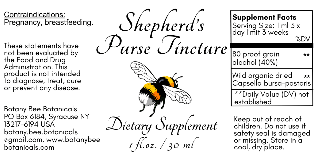 A square product label for Shepherd's Purse Tincture dietary supplement by Botany Bee Botanicals, featuring a black bumblebee illustration, product name in elegant script, usage warnings, and a supplement facts panel on a white background.