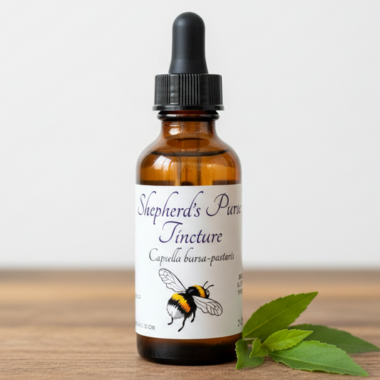 Label for Shepherd's Purse Tincture with a bee illustration and text details.