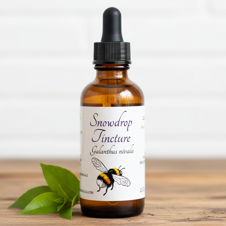 Label for Snowdrop Tincture with a bee illustration on a white background