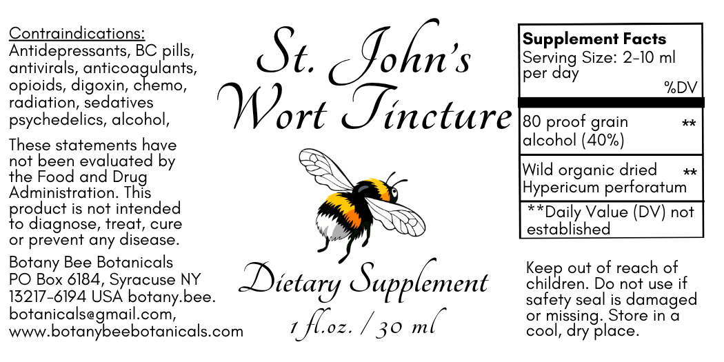 A square product information label for St. John's Wort Tincture dietary supplement by Botany Bee Botanicals.
