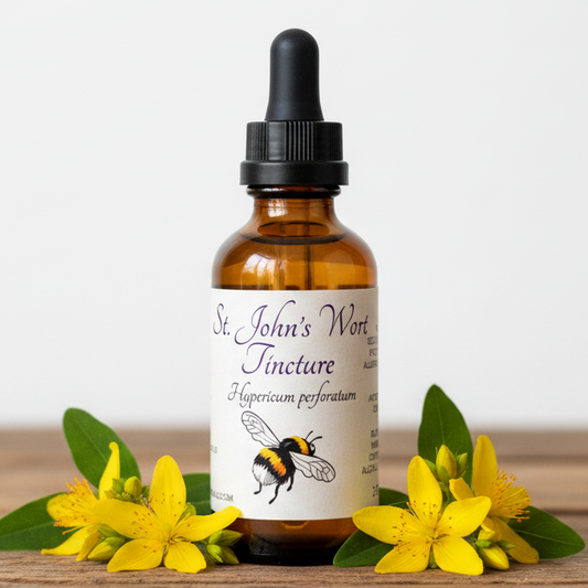 Label for St. John's Wort Tincture with bee illustration and text details.