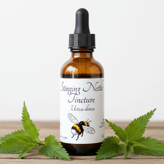 An amber glass dropper bottle labeled 'Stinging Nettle Tincture' with a black cap, styled on a wooden surface with green nettle leaves on both sides against a plain white background.