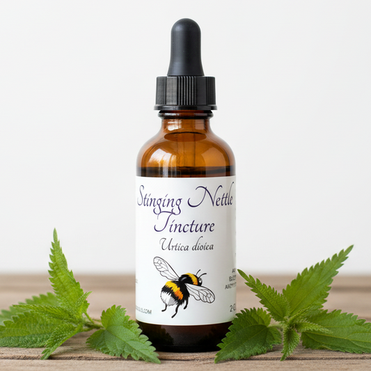 Label for Stinging Nettle Tincture with a bee illustration and text details.