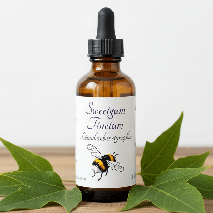 An amber glass dropper bottle labeled 'Sweetgum Tincture' with a black cap, styled with green leaves on a wooden surface against a white background.