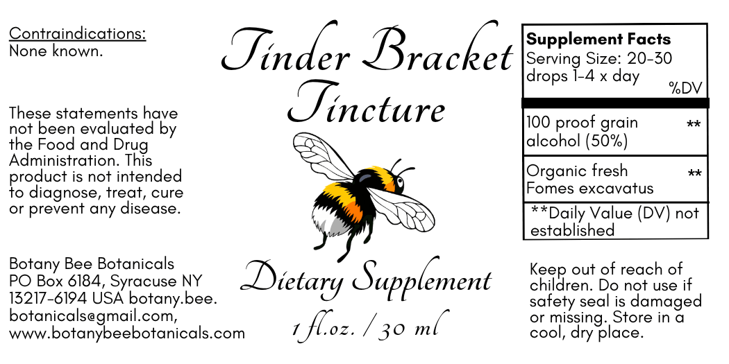 A square product label for Botany Bee Botanicalicals Tinder Bracket Tincture dietary supplement, featuring a black-and-yellow bumblebee illustration, supplement facts, and usage warnings on a white background.