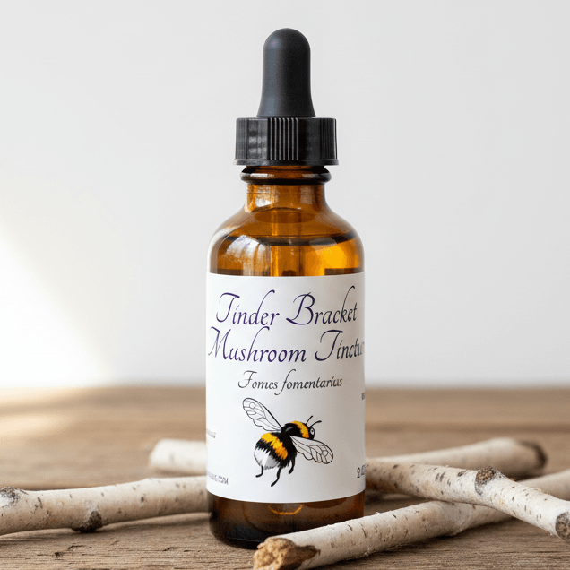 An amber glass dropper bottle with a black cap and a white label reading 'Tinder Bracket Mushroom Tincture' with a bumblebee illustration, placed on a wooden surface with small branches around it.