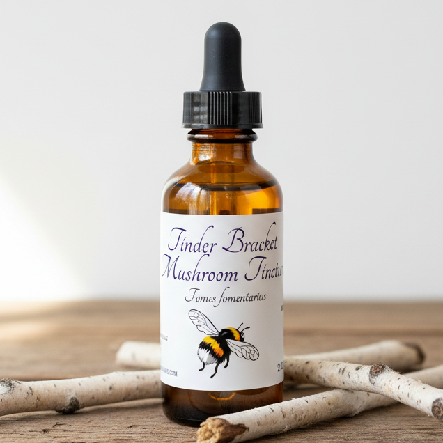 Label for Tinder Bracket Mushroom Tincture with a bee illustration on a white background