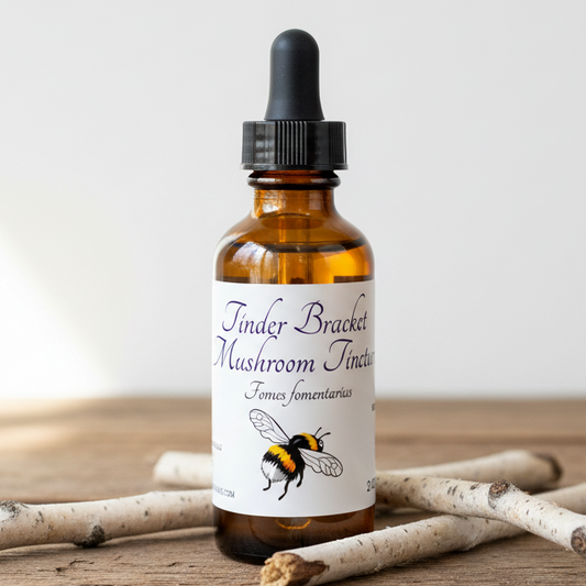 Label for Tinder Bracket Mushroom Tincture with a bee illustration on a white background