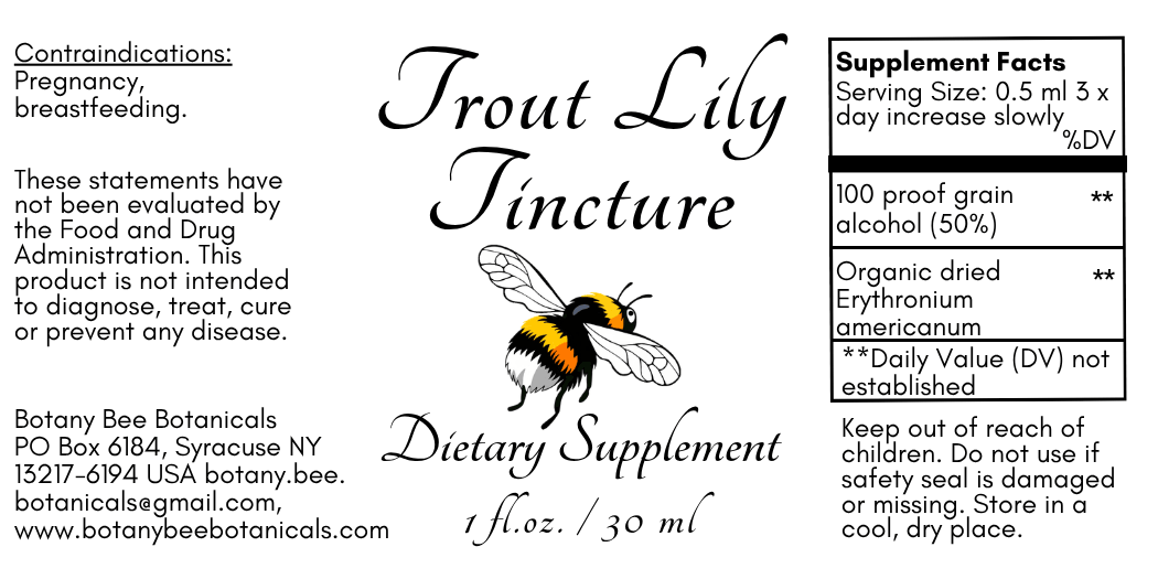 A product information card for 'Trout Lily Tincture' by Botany Bee Botanicalicals. The card features a black and yellow bumblebee illustration, product name in elegant black script, and a black-bordered supplement facts box on the right.