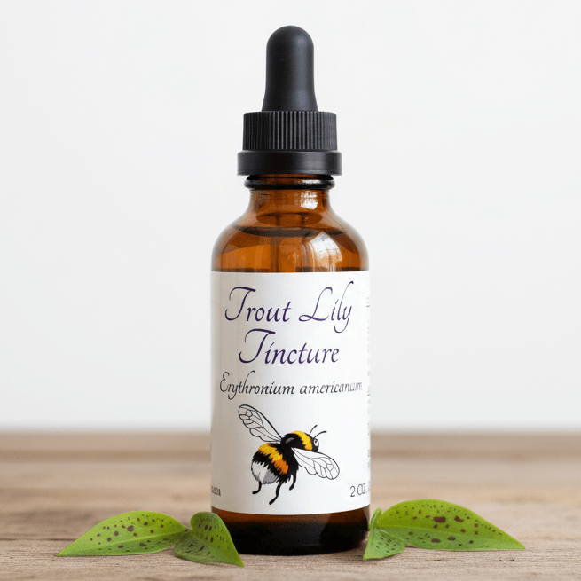 An amber glass dropper bottle labeled 'Trout Lily Tincture' with a black cap, standing on a light wood surface with green leaves at the base against a plain white background.
