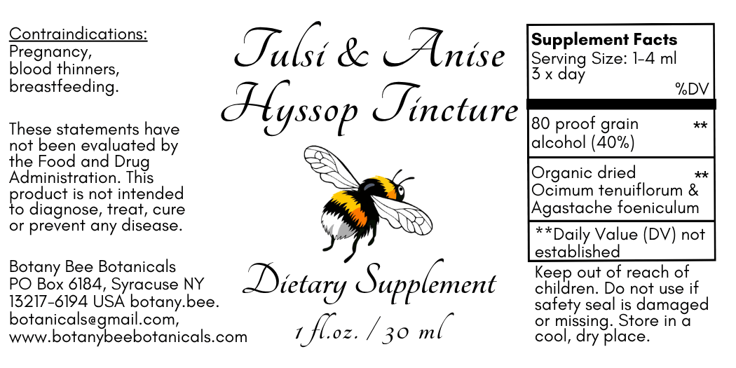 Label for Tulsi & Anise Hyssop Tincture dietary supplement with bee illustration and text.