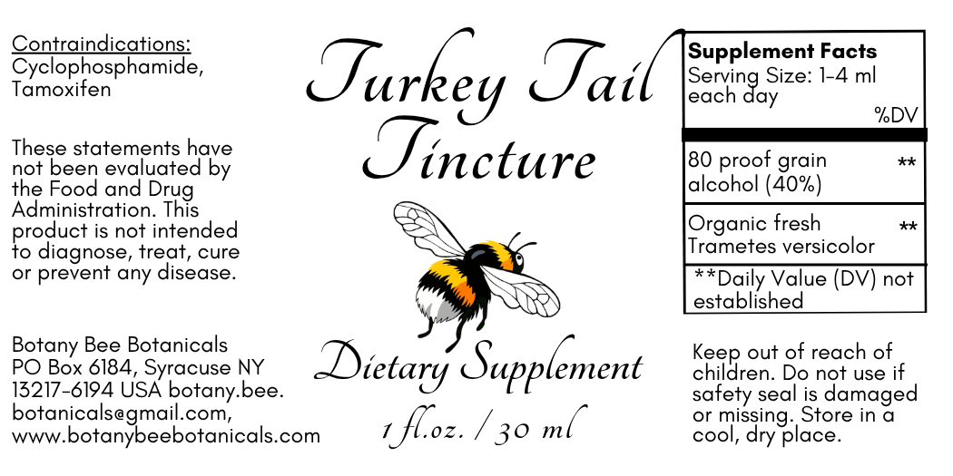A product label for Botany Bee Botanicalicals Turkey Tail Tincture dietary supplement, featuring a black and white design with a bumblebee illustration and a supplement facts box.
