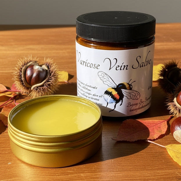 Jar of varicose vein salve with a black lid on a countertop