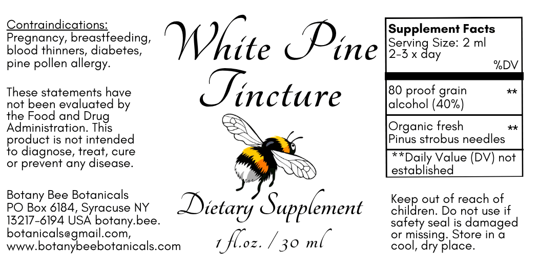 White Pine Tincture dietary supplement label by Botany Bee Botanicalics, showing product name, usage warnings, supplement facts, and a bee illustration on a black background.
