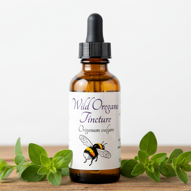 Label for Wild Oregano Tincture with a bee illustration and text about ingredients, directions, and precautions.