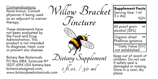 A product label for Willow Bracket Tincture by Botany Bee Botanicalicals, featuring a black and white bee illustration, serving size of 1 ml (3 x day), and dietary supplement facts on a white background.