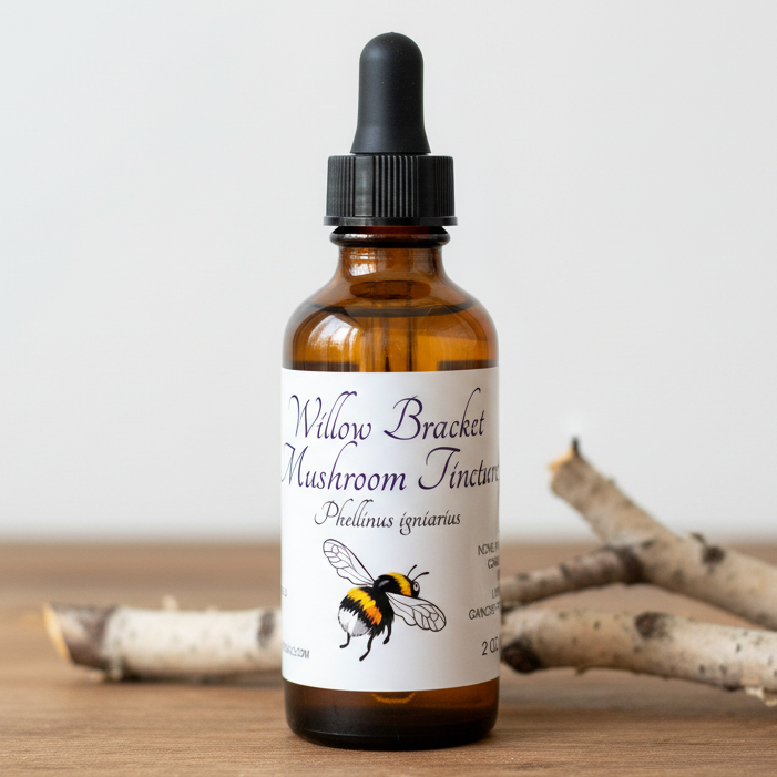 Label for Willow Bracket Mushroom Tincture with a bee illustration and botanical details.
