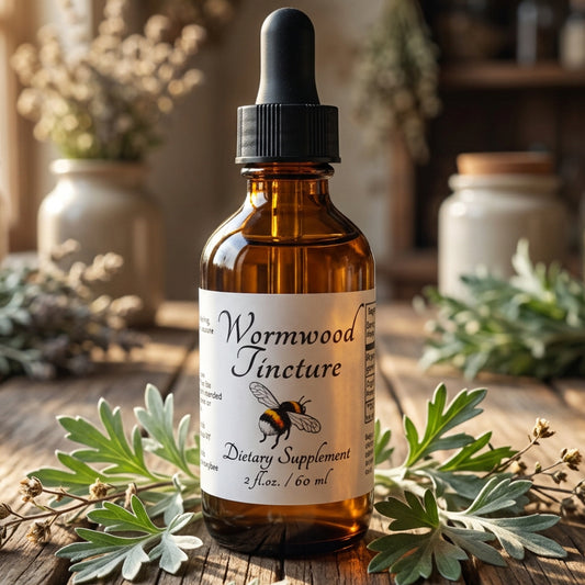 A dropper bottle of wormwood tincture