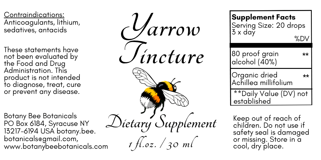 A black label design for Yarrow Tincture dietary supplement by Botany Bee Botanicals, featuring a bumblebee illustration and supplement facts text.