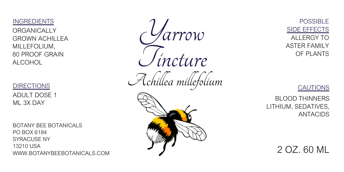 Yarrow tincture label with bee illustration and botanical details on a white background