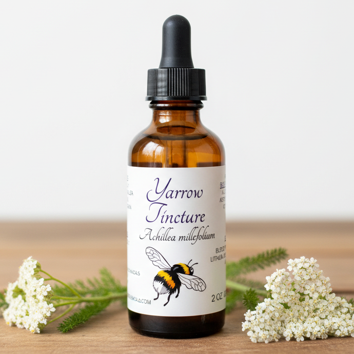 Yarrow tincture label with bee illustration and botanical details