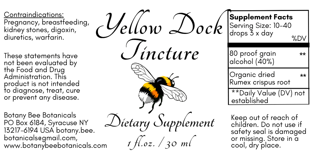 A product label for Yellow Dock Tincture by Botany Bee Botanicals, featuring a bumblebee illustration and supplement facts on a black background.