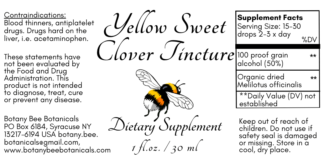 A square product label for Yellow Sweet Clover Tincture dietary supplement by Botany Bee Botanicals, featuring a bumblebee illustration and supplement facts panel.