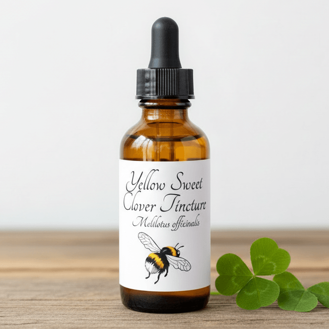 An amber glass dropper bottle labeled 'Yellow Sweet Clover Tincture' with a black dropper cap, standing on a wooden surface next to green clover leaves against a light background.