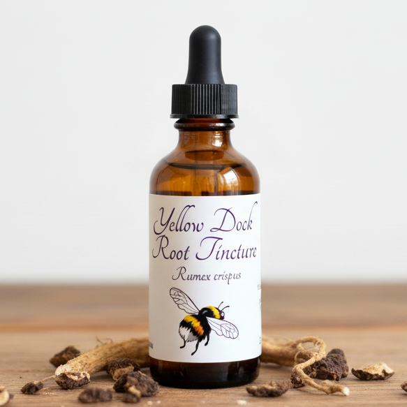 Label for Yellow Dock Root Tincture with a bee illustration and text details.